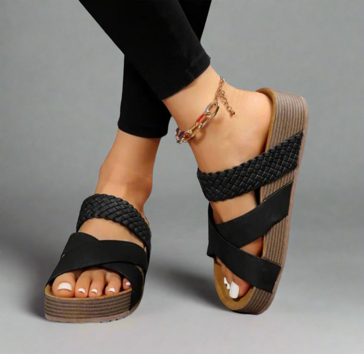 Women's Open-Toe Wedge Sandals with Cross Strap and Braided Heel
