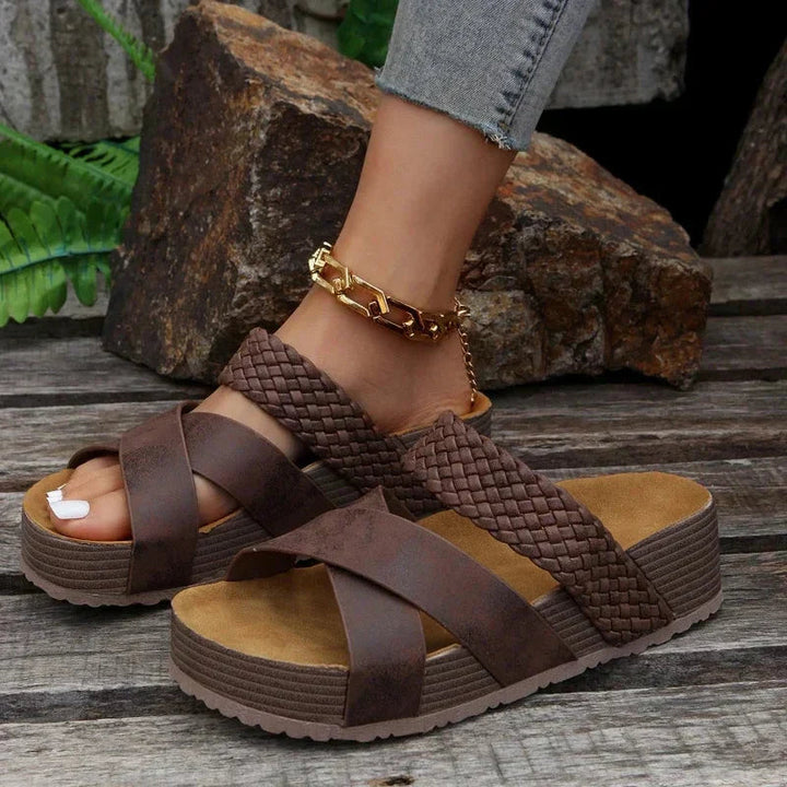 Women's Open-Toe Wedge Sandals with Cross Strap and Braided Heel