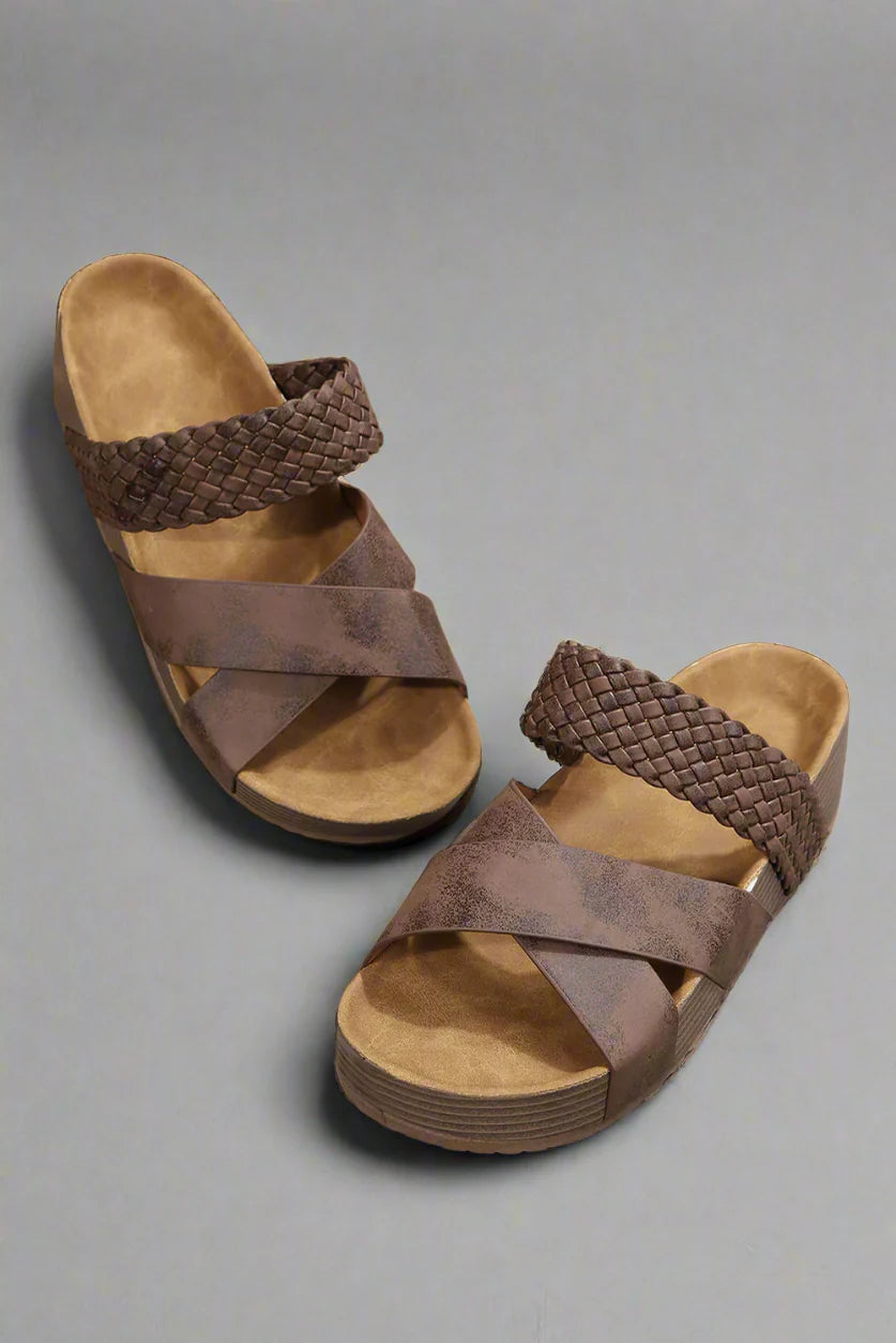 Women's Open-Toe Wedge Sandals with Cross Strap and Braided Heel