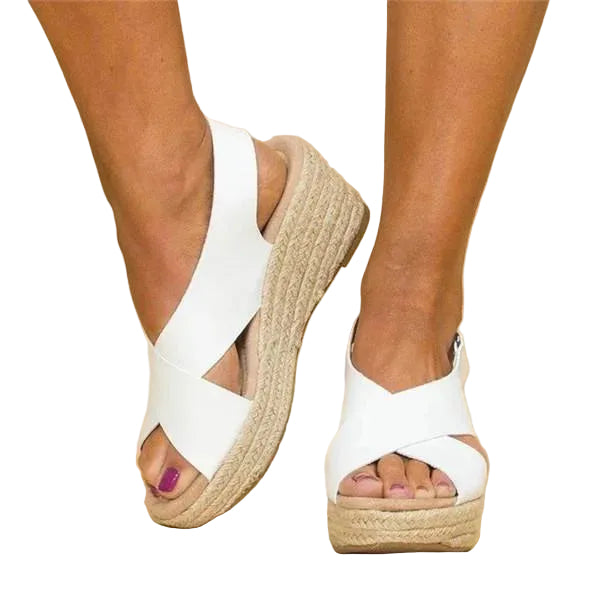 Women's Open-Toe Wedge Sandals with Cross Strap and Espadrille Platform