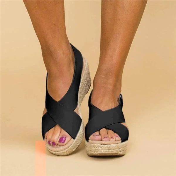 Women's Open-Toe Wedge Sandals with Cross Strap and Espadrille Platform