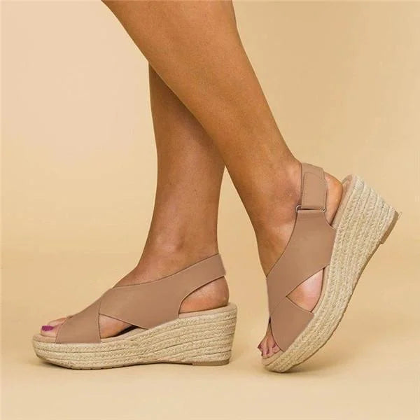 Women's Open-Toe Wedge Sandals with Cross Strap and Espadrille Platform