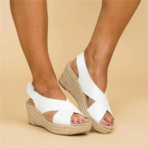Women's Open-Toe Wedge Sandals with Cross Strap and Espadrille Platform