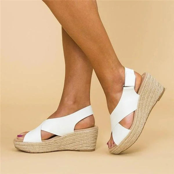 Women's Open-Toe Wedge Sandals with Cross Strap and Espadrille Platform