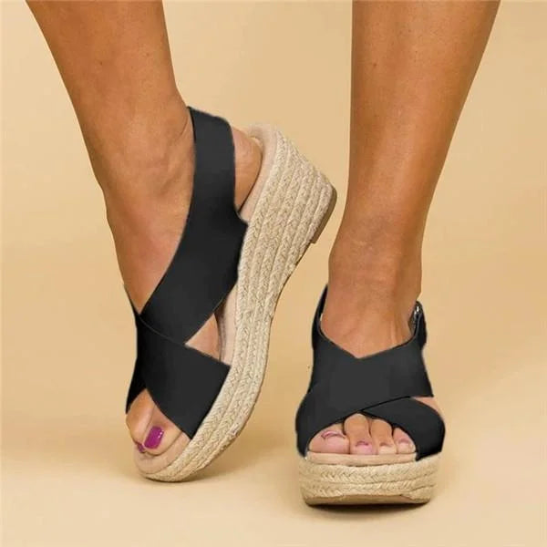 Women's Open-Toe Wedge Sandals with Cross Strap and Espadrille Platform