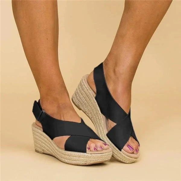 Women's Open-Toe Wedge Sandals with Cross Strap and Espadrille Platform