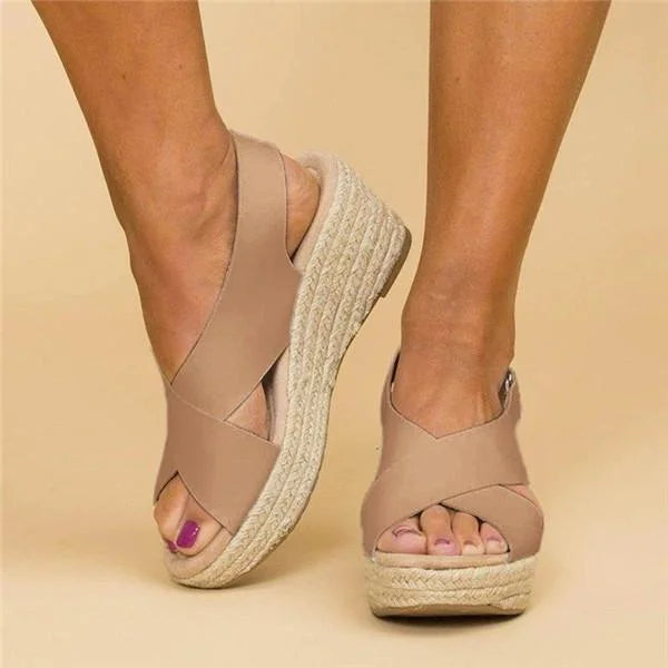 Women's Open-Toe Wedge Sandals with Cross Strap and Espadrille Platform
