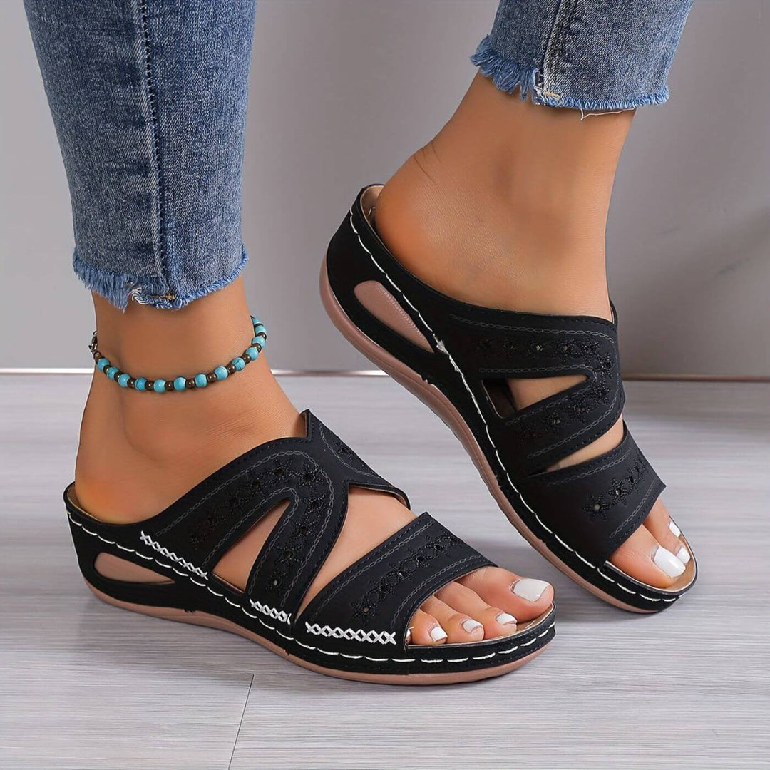 Women's Open-Toe Wedge Slip-On Sandals with Cross-Strap Upper