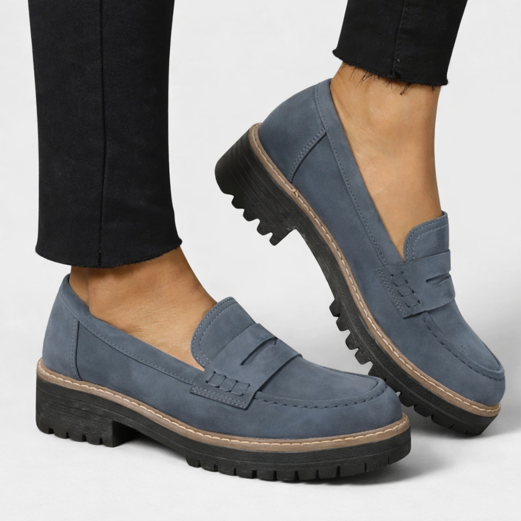 Women's Penny Loafers with Block Heel and Lug Outsole