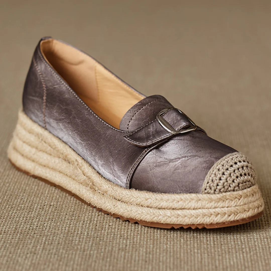 Women's Platform Loafers with Braided Jute Sole and Capped Toe