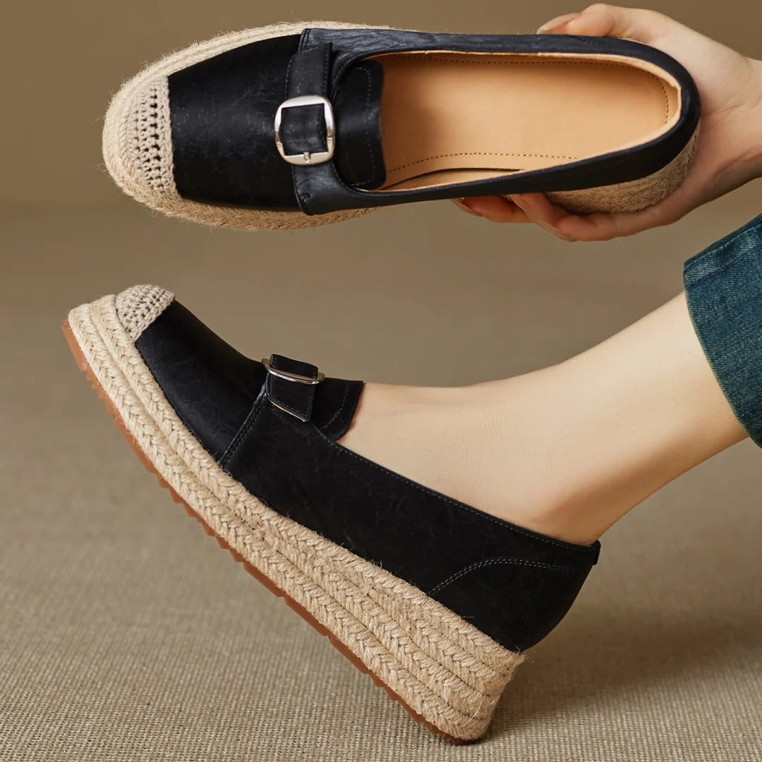 Women's Platform Loafers with Braided Jute Sole and Capped Toe