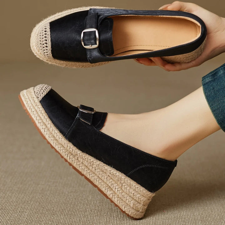 Women's Platform Loafers with Braided Jute Sole and Capped Toe
