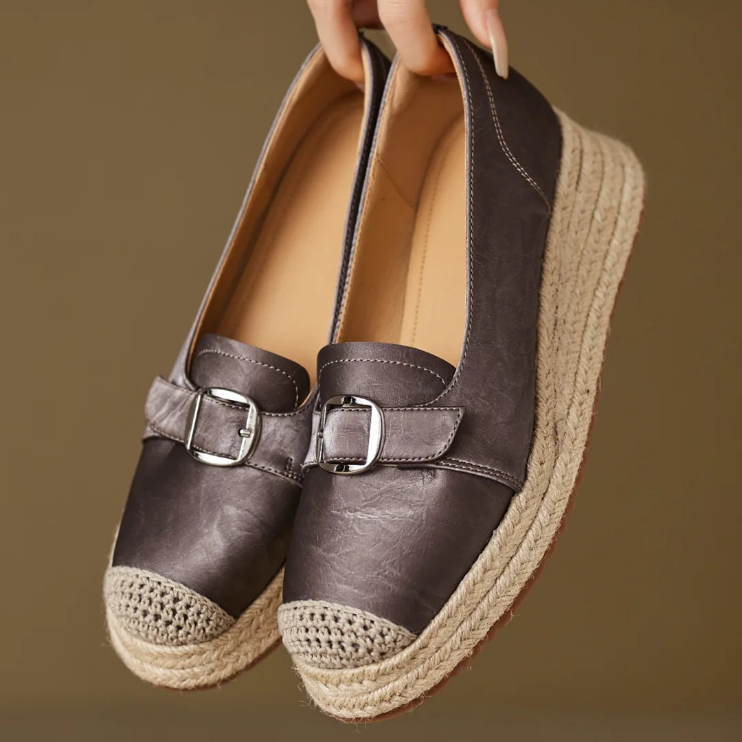 Women's Platform Loafers with Braided Jute Sole and Capped Toe