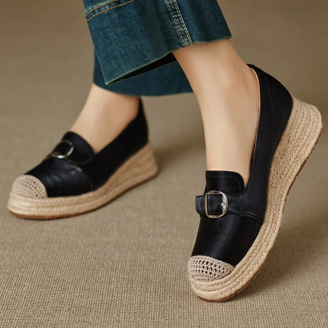 Women's Platform Loafers with Braided Jute Sole and Capped Toe