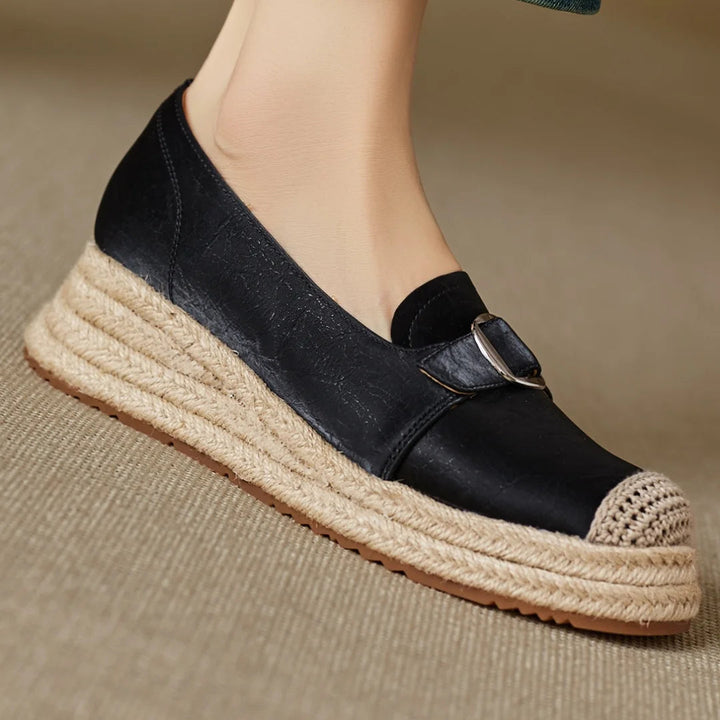 Women's Platform Loafers with Braided Jute Sole and Capped Toe