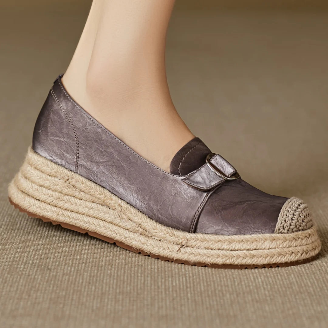 Women's Platform Loafers with Braided Jute Sole and Capped Toe