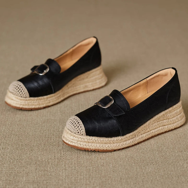 Women's Platform Loafers with Braided Jute Sole and Capped Toe