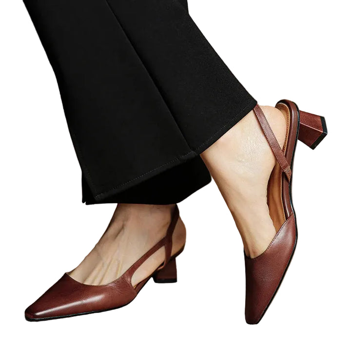 Women's Pointed Toe Flared Block Heel Pumps with Twin Slingback Straps