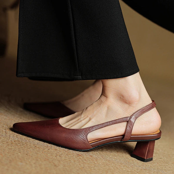 Women's Pointed Toe Flared Block Heel Pumps with Twin Slingback Straps