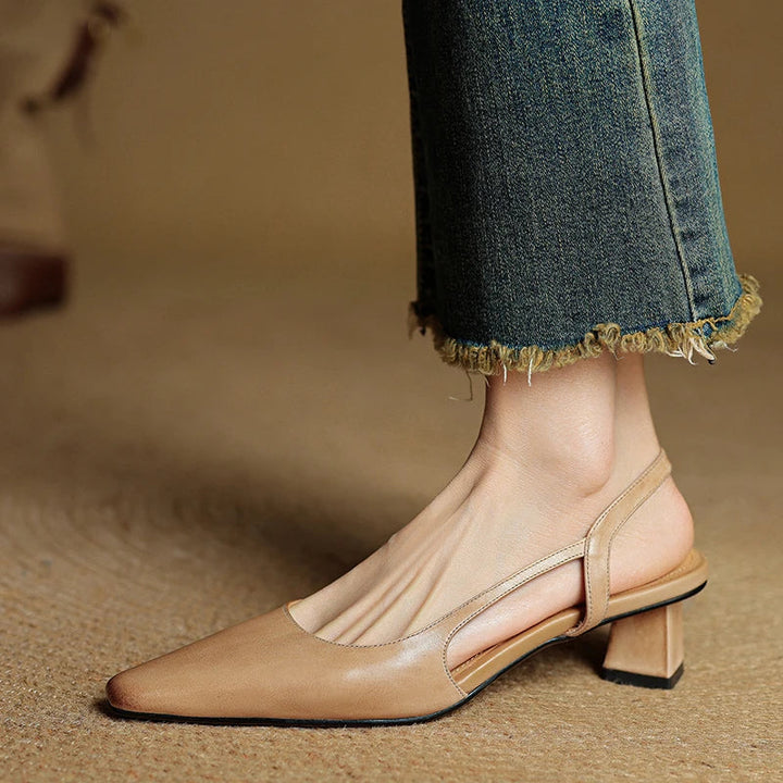 Women's Pointed Toe Flared Block Heel Pumps with Twin Slingback Straps