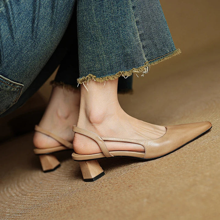 Women's Pointed Toe Flared Block Heel Pumps with Twin Slingback Straps