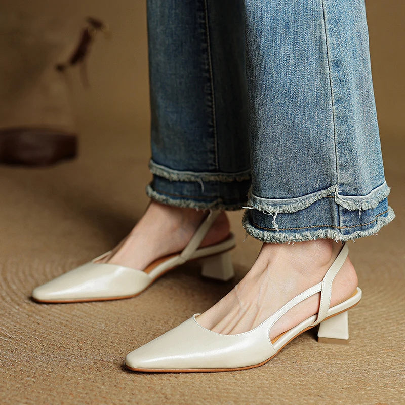 Women's Pointed Toe Flared Block Heel Pumps with Twin Slingback Straps