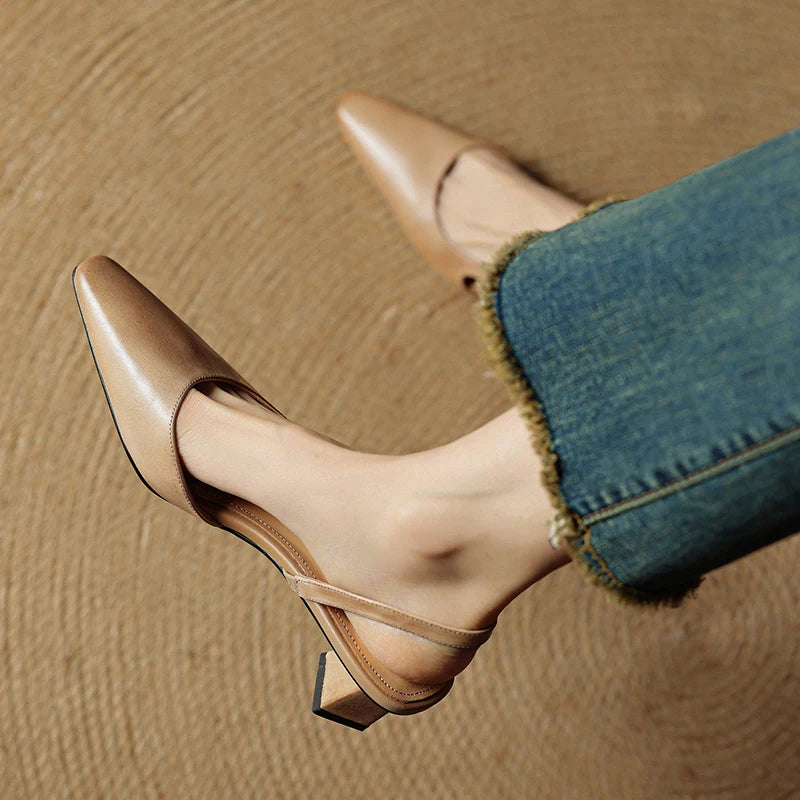 Women's Pointed Toe Flared Block Heel Pumps with Twin Slingback Straps