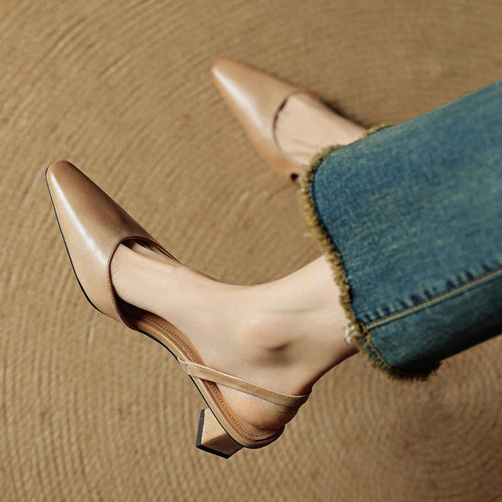 Women's Pointed Toe Flared Block Heel Pumps with Twin Slingback Straps