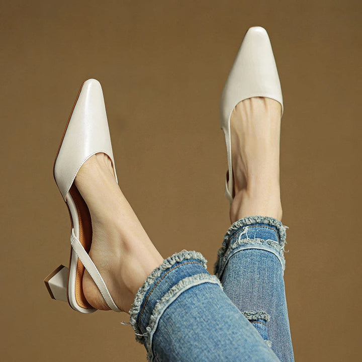 Women's Pointed Toe Flared Block Heel Pumps with Twin Slingback Straps
