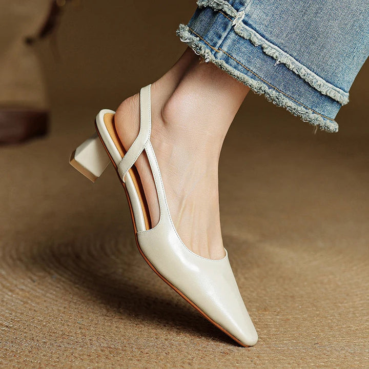 Women's Pointed Toe Flared Block Heel Pumps with Twin Slingback Straps