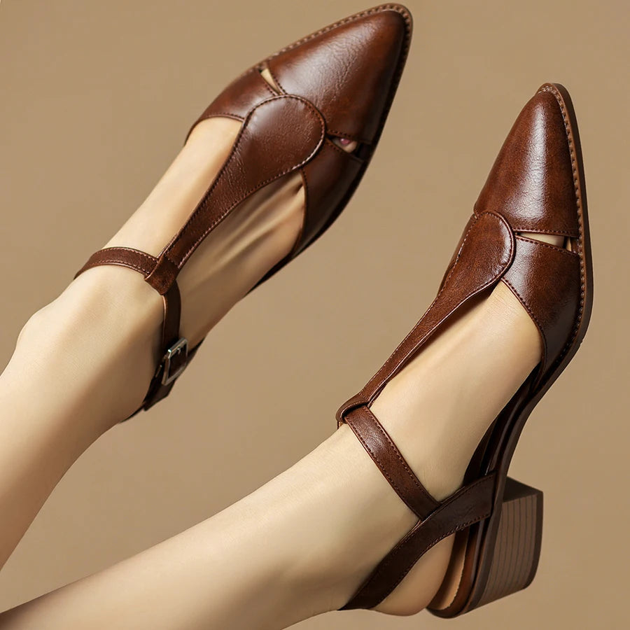 Women's Pointed Toe Sculpted Block Heel Slingback with Buckle Strap