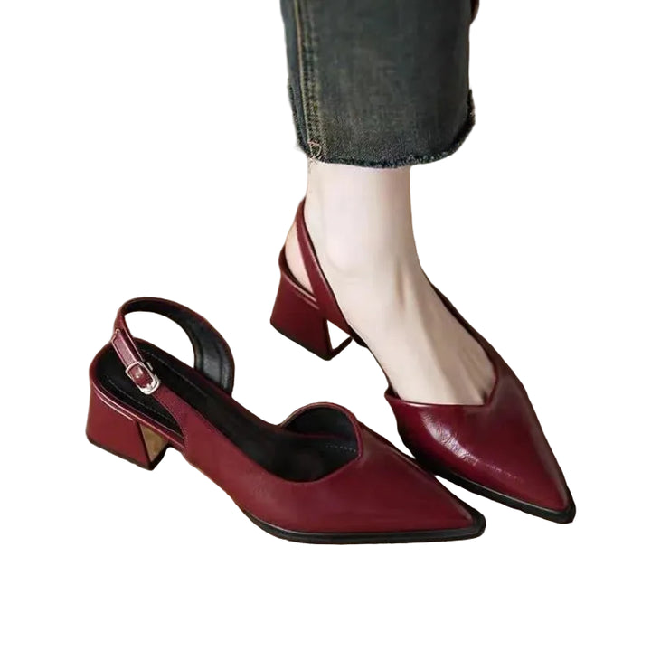 Women's Pointed Toe Slingback Heels with Low Block Heel and Buckle Strap