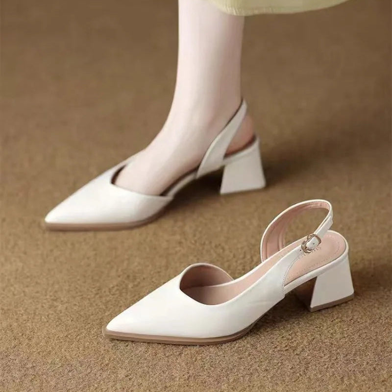 Women's Pointed Toe Slingback Heels with Low Block Heel and Buckle Strap
