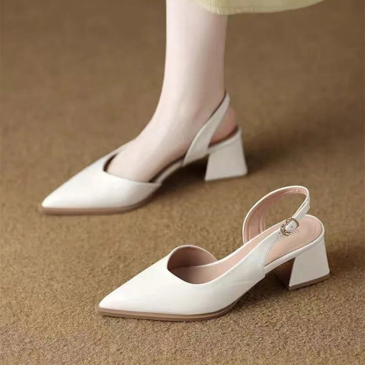 Women's Pointed Toe Slingback Heels with Low Block Heel and Buckle Strap