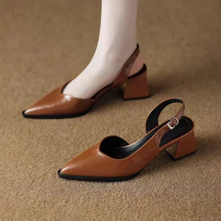 Women's Pointed Toe Slingback Heels with Low Block Heel and Buckle Strap