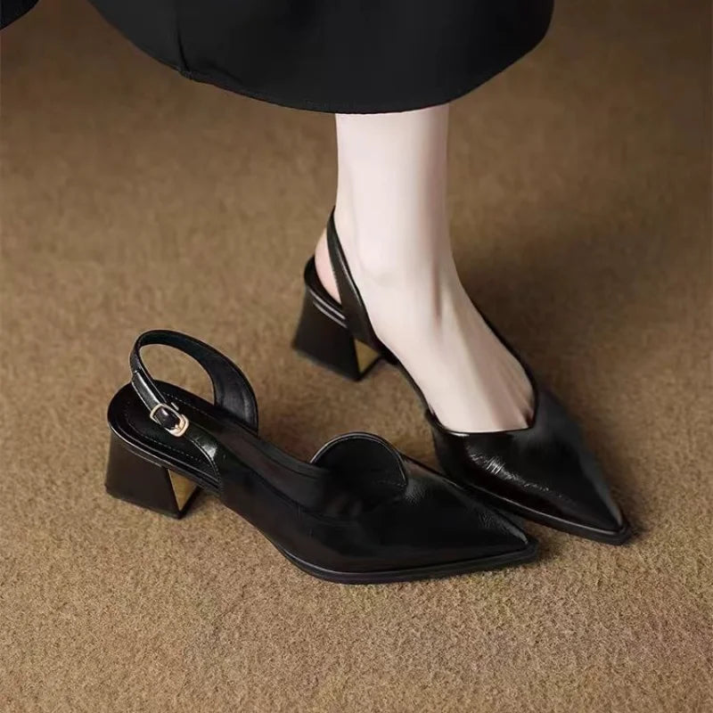 Women's Pointed Toe Slingback Heels with Low Block Heel and Buckle Strap
