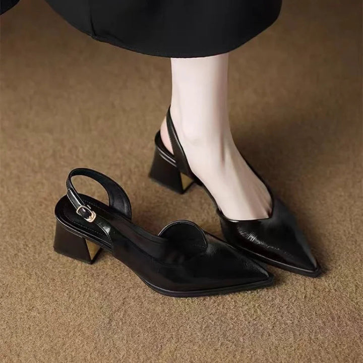 Women's Pointed Toe Slingback Heels with Low Block Heel and Buckle Strap