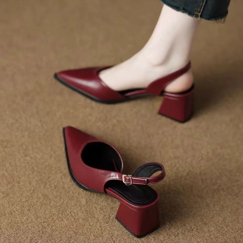 Women's Pointed Toe Slingback Heels with Low Block Heel and Buckle Strap