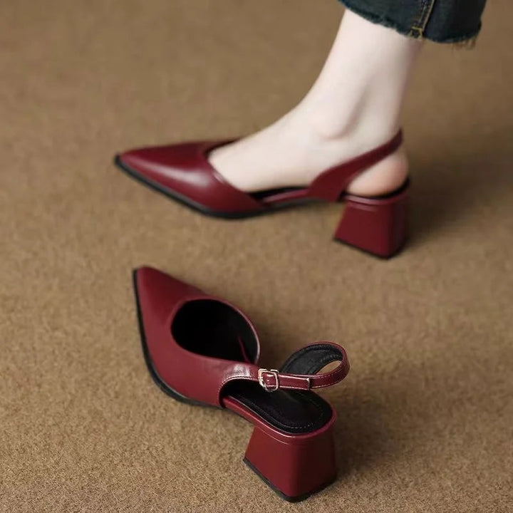 Women's Pointed Toe Slingback Heels with Low Block Heel and Buckle Strap