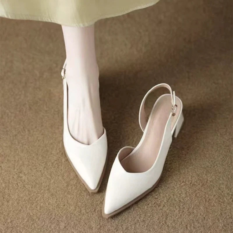 Women's Pointed Toe Slingback Heels with Low Block Heel and Buckle Strap