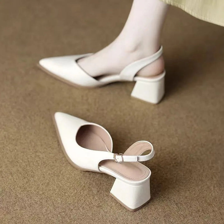 Women's Pointed Toe Slingback Heels with Low Block Heel and Buckle Strap