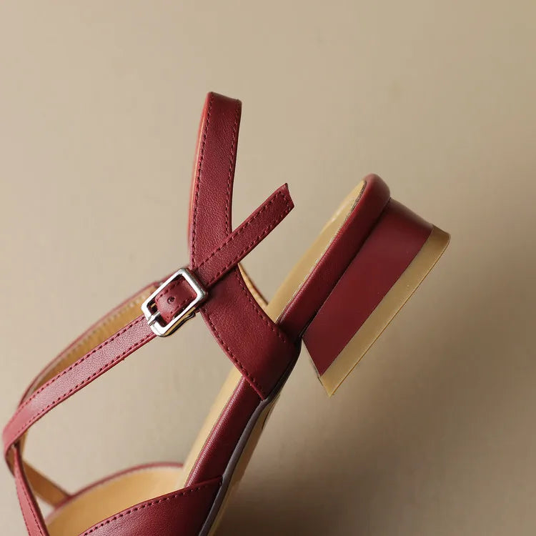 Women's Round Toe Cross-Strap Low Block Heel Flats