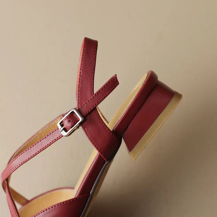 Women's Round Toe Cross-Strap Low Block Heel Flats