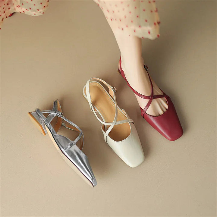 Women's Round Toe Cross-Strap Low Block Heel Flats