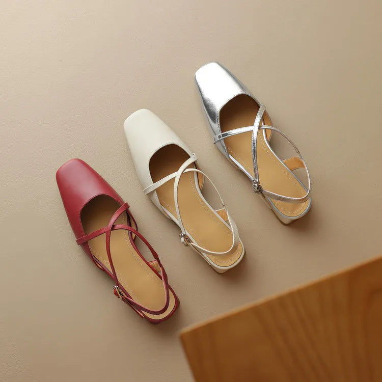 Women's Round Toe Cross-Strap Low Block Heel Flats