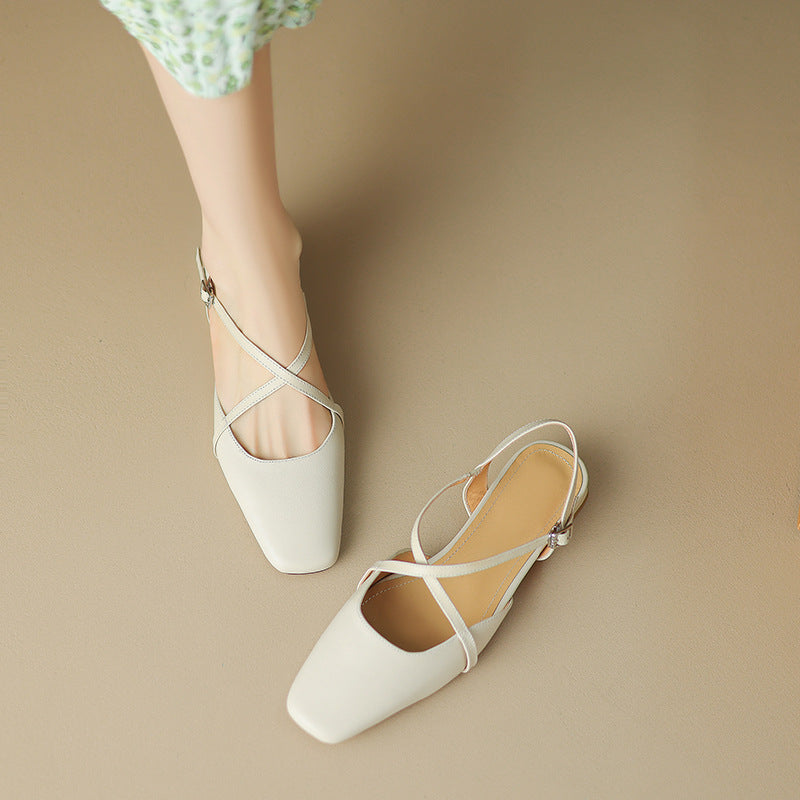 Women's Round Toe Cross-Strap Low Block Heel Flats