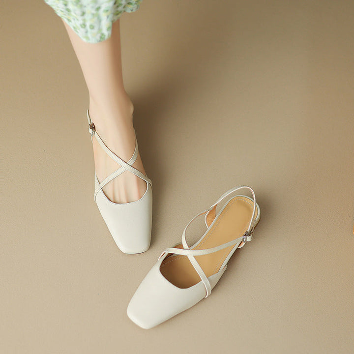 Women's Round Toe Cross-Strap Low Block Heel Flats