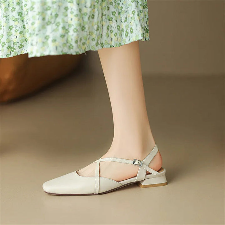 Women's Round Toe Cross-Strap Low Block Heel Flats