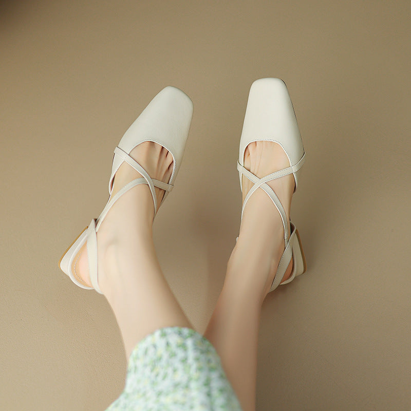 Women's Round Toe Cross-Strap Low Block Heel Flats
