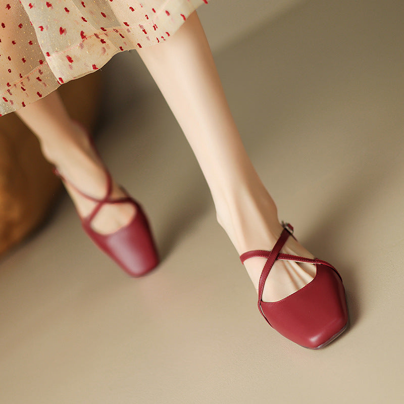 Women's Round Toe Cross-Strap Low Block Heel Flats